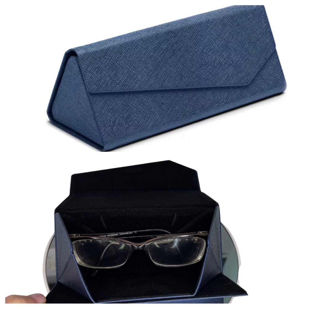 Navy Tri-Fold Zenni Eyeglass Case, vegan leather, folds flat for storage